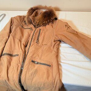 Authier Italy Ski Parka Coat Fox Fur Collar Tan Beige Womens 10 / 38